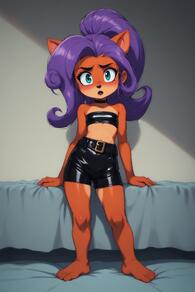 1girl aged_down animal_ears animal_nose artist:furryfunparty bandeau bare_shoulders barefoot belt black_choker black_shorts black_tube_top blush character:Coco_Bandicoot choker female flat_chest full_body furry furry_female goth long_hair looking_at_viewer ponytail purple_hair shiny_clothes shorts solo standing // 512x768 // 88KB