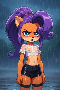 1girl animal_ears artist:furryfunparty black_shorts blue_eyes breasts character:Coco_Bandicoot female furry furry_female goth long_hair navel nipples outdoors ponytail purple_hair rain see-through shirt short_shorts shorts solo thigh_strap water wet wet_clothes wet_shirt white_shirt // 512x768 // 139KB