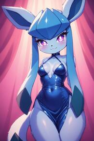 1girl :3 animal_ears arms_behind_back artist:furryfunparty blue_dress blue_fur blush breasts closed_mouth covered_navel dress furry furry_female Glaceon looking_at_viewer medium_breasts pokemon pokemon_(creature) satin smile solo tail // 512x768 // 117KB