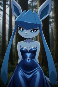 1girl :3 animal_ears animal_nose arms_behind_back artist:furryfunparty bare_shoulders blue_dress blue_eyes blue_fur blue_hair blurry blurry_background body_fur breasts closed_mouth collarbone colored_sclera covered_navel dress forest furry furry_female Glaceon looking_at_viewer nature outdoors pokemon pokemon_(creature) satin small_breasts smile solo standing strapless strapless_dress tree // 512x768 // 111KB