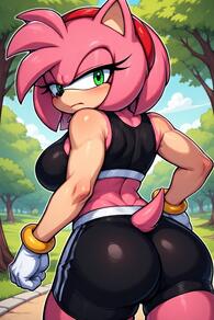1girl animal_ears artist:furryfunparty ass black_shorts black_sports_bra breasts character:amy_rose female furry furry_female gloves green_eyes hairband looking_at_viewer looking_back outdoors red_hairband shorts solo sports_bra tail tree white_gloves // 512x768 // 152KB