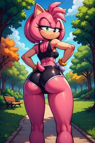 1girl animal_ears artist:furryfunparty ass bench black_shorts black_sports_bra breasts character:amy_rose cloud day dolphin_shorts female from_behind furry furry_female gloves green_eyes hairband hands_on_own_hips kneepits looking_back outdoors red_hairband short_shorts shorts sky solo sports_bra tail tree white_gloves // 512x768 // 167KB