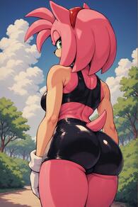 1girl animal_ears artist:furryfunparty ass bare_shoulders black_shorts black_sports_bra blue_sky breasts character:amy_rose cloud female from_behind furry furry_female gloves green_eyes hairband looking_at_viewer outdoors red_hairband shorts sky solo sports_bra tail tree white_gloves // 512x768 // 140KB