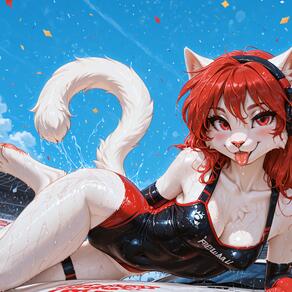 1girl animal_ears artist:azziai blue_sky breasts cat_ears cat_girl cat_tail character:azzi cleavage confetti day furry furry_female headphones looking_at_viewer lying on_side one-piece_swimsuit outdoors red_eyes red_hair sky solo swimsuit tail thigh_strap tongue tongue_out wet // 4096x4096 // 1.6MB