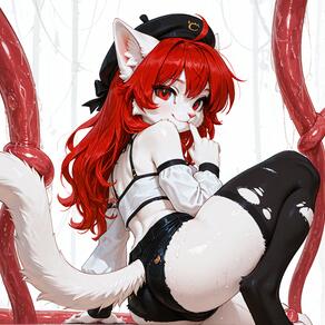 1girl ahoge animal_ears artist:azziai ass black_headwear black_thighhighs cat_ears cat_tail character:azzi crop_top detached_sleeves furry furry_female hat long_hair looking_at_viewer red_eyes red_hair short_shorts shorts smile solo tail tentacles thighhighs torn_clothes torn_thighhighs white_fur // 4096x4096 // 1.5MB