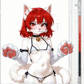 1girl animal_ears animal_hands artist:azziai bell bikini blush body_fur breasts cat_ears cat_tail character:azzi choker flying_sweatdrops furry furry_female gloves looking_at_viewer navel neck_bell red_eyes red_hair short_hair side-tie_bikini_bottom small_breasts solo swimsuit tail thighhighs white_bikini white_fur // 4096x4096 // 1.2MB
