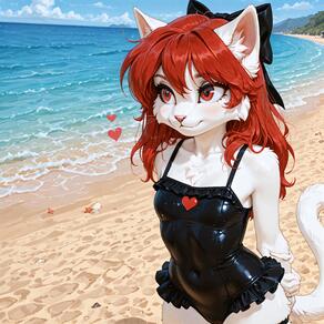 1girl animal_ears animal_nose arms_behind_back artist:azziai beach black_one-piece_swimsuit bow breasts cat_ears cat_girl cat_tail character:azzi covered_navel day frilled_one-piece_swimsuit frills furry furry_female hair_bow heart long_hair ocean one-piece_swimsuit outdoors red_eyes red_hair sand small_breasts smile solo swimsuit tail white_fur // 4096x4096 // 1.7MB