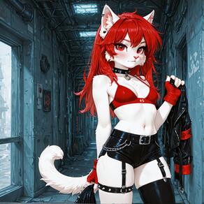 1girl animal_ears artist:azziai belt black_jacket black_shorts black_thighhighs blush bra breasts cat_ears character:azzi choker closed_mouth cowboy_shot earrings fingerless_gloves furry furry_female garter_straps gloves holding holding_clothes jacket jewelry long_hair looking_at_viewer navel piercing red_bra red_eyes red_gloves red_hair shorts single_thighhigh skindentation small_breasts solo tail thigh_strap thighhighs unworn_jacket white_fur // 4096x4096 // 1.8MB