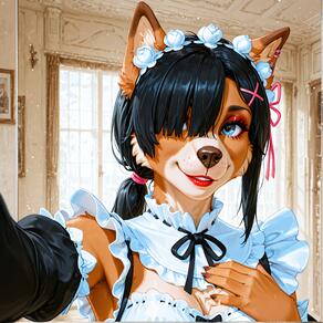 1girl animal_ears artist:azziai black_hair black_sleeves blue_eyes breasts character:jeanette(AzziAI) cleavage detached_sleeves furry furry_female hair_ornament hair_over_one_eye indoors long_hair looking_at_viewer maid maid_headdress makeup ribbon roswaal_mansion_maid_uniform selfie smile solo upper_body x_hair_ornament // 4096x4096 // 1.7MB