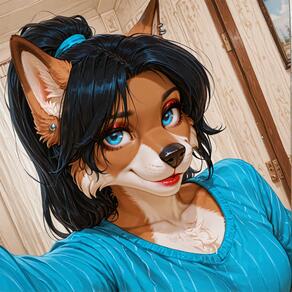 1girl animal_ears animal_nose artist:azziai black_hair blue_eyes blue_sweater body_fur brown_fur character:jeanette(AzziAI) collarbone earrings furry furry_female indoors jewelry looking_at_viewer makeup ponytail selfie smile solo sweater // 4096x4096 // 2.0MB