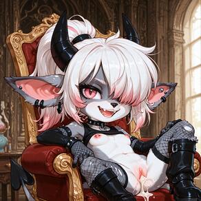 1girl after_sex after_vaginal animal_ears artist:azziai black_footwear black_horns boots breasts chair character:lizzy_(azziai) collar cum cum_in_pussy cumdrip earrings fishnet_gloves fishnet_thighhighs fishnets furry furry_female gloves hair_over_one_eye horns indoors jewelry loli looking_at_viewer multicolored_hair navel nipples open_mouth pink_hair ponytail pussy red_eyes sitting small_breasts smile solo spread_legs tail teeth thighhighs uncensored white_hair // 4096x4096 // 1.9MB