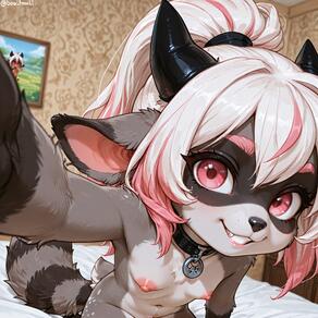 1girl animal_ears animal_nose artist:azziai black_collar breasts character:lizzy_(azziai) collar furry furry_female horns looking_at_viewer multicolored_hair navel nipples nude pink_hair ponytail red_eyes small_breasts smile solo tail white_hair // 4096x4096 // 1.6MB