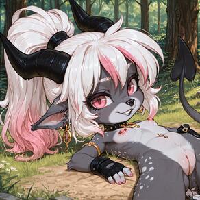 1girl animal_ears artist:azziai black_gloves breasts character:lizzy_(azziai) cleft_of_venus earrings fingerless_gloves forest furry furry_female gloves horns jewelry loli looking_at_viewer lying multicolored_hair nature navel_piercing nipple_piercing nipples nude on_back outdoors piercing pink_hair ponytail pussy small_breasts smile solo tail uncensored white_hair // 4096x4096 // 1.9MB