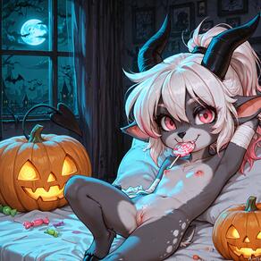 1girl animal_ears artist:azziai bandaged_arm bandages black_horns breasts candy character:lizzy_(azziai) cleft_of_venus food furry furry_female halloween horns indoors jack-o'-lantern loli lollipop looking_at_viewer moon night nipples nude ponytail pumpkin pussy red_eyes small_breasts smile solo swirl_lollipop tail uncensored white_hair window // 4096x4096 // 1.8MB