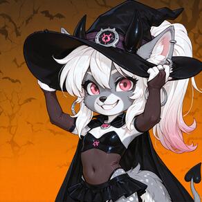 1girl animal_ears artist:azziai black_cape black_headwear black_skirt bridal_gauntlets cape character:lizzy_(azziai) covered_navel earrings furry furry_female grey_fur grin halloween hat hoop_earrings horns jewelry leotard long_hair looking_at_viewer microskirt pink_eyes ponytail skirt smile solo tail white_hair witch_hat // 4096x4096 // 1.4MB