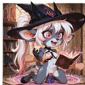 1girl animal_ears artist:azziai black_headwear book breasts character:lizzy_(azziai) dildo disembodied_limb furry furry_female hat horns loli long_hair magic_circle nipples open_mouth pussy sex_toy small_breasts tail uncensored vaginal white_hair witch_hat // 4096x4096 // 1.9MB
