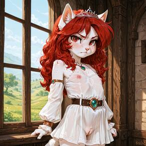 1girl animal_ears artist:azziai belt blush cat_ears cat_tail character:azzi cleft_of_venus day detached_sleeves dress freckles furry furry_female indoors jewelry loli long_hair looking_at_viewer nipples pussy red_eyes red_hair see-through small_breasts solo tail tiara uncensored white_dress window // 4096x4096 // 1.9MB