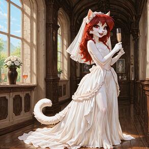 1girl animal_ears artist:azziai artist_name bare_shoulders body_fur cat_ears cat_girl cat_tail champagne_flute character:azzi church cup day dress drinking_glass elbow_gloves flower full_body furry furry_female gloves holding holding_cup indoors long_hair looking_at_viewer open_mouth picture_frame red_eyes red_hair rose see-through smile solo standing strapless strapless_dress tail tiara veil wedding_dress white_dress white_flower white_fur white_gloves white_rose window wooden_floor // 4096x4096 // 1.9MB