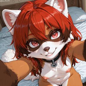 1girl animal_ear_fluff animal_ears animal_nose artist:azziai breasts character:azzi collar completely_nude furry furry_female grin indoors long_hair looking_at_viewer navel nipples nude on_bed pussy red_eyes red_hair sitting small_breasts smile solo tail twitter_username // 4096x4096 // 1.6MB