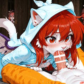 1boy animal_ears artist:azziai bar_censor blush body_fur censored character:azzi fellatio furry furry_female furry_male furry_with_furry hetero hood multiple_girls nipples oral penis red_eyes red_hair tail white_wings wings // 4096x4096 // 1.8MB
