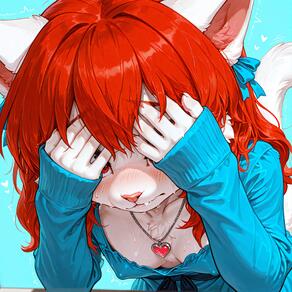 1girl animal_ears animal_nose artist:azziai blush body_fur breasts cat_ears cat_tail character:azzi covered_nipples furry furry_female heart heart_necklace jewelry necklace red_eyes red_hair small_breasts solo sweat tail white_fur // 4096x4096 // 1.9MB