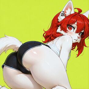 1girl ahoge animal_ears artist:azziai ass black_shorts blush character:azzi from_behind furry furry_female green_background hair_between_eyes looking_at_viewer looking_back panties panty_peek parted_lips red_eyes red_hair short_shorts shorts simple_background solo tail underwear white_fur // 4096x4096 // 1.2MB