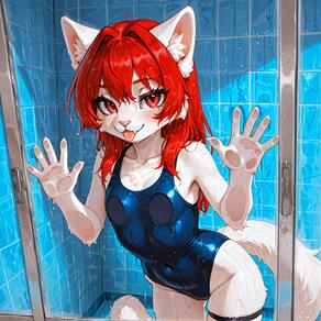 1girl against_glass animal_ears artist:azziai blue_one-piece_swimsuit breast_press breasts character:azzi covered_navel furry furry_female long_hair looking_at_viewer one-piece_swimsuit red_eyes red_hair solo swimsuit tail tile_wall tongue tongue_out wet // 4096x4096 // 1.9MB