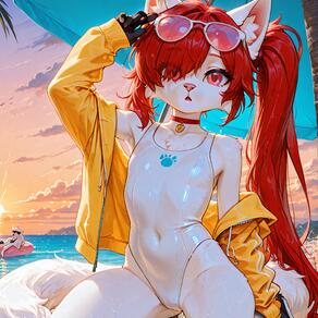 2girls animal_ears artist:azziai character:azzi choker eyewear_on_head furry furry_female hair_over_one_eye jacket long_hair looking_at_viewer multiple_girls one-piece_swimsuit outdoors red_choker red_eyes red_hair sunglasses swimsuit tail wet white_one-piece_swimsuit // 4096x4096 // 1.7MB
