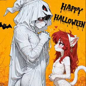 1boy 1girl animal_ears artist:azziai bandaged_arm bandaged_head bandages bat_(animal) blush cat_ears cat_tail character:azzi earrings furry furry_female halloween happy_halloween jewelry long_hair red_eyes red_hair smile tail // 4096x4096 // 2.0MB