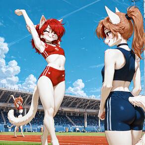 3girls animal_ears artist:azziai ass barefoot black_choker blue_shorts blue_sky breasts character:azzi choker closed_eyes cloud day furry furry_female long_hair multiple_girls navel outdoors ponytail red_hair sky smile stretching tail // 4096x4096 // 1.6MB