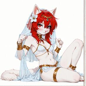 1girl animal_ears armlet artist:azziai bikini blush breasts cat_ears cat_girl cat_tail character:azzi flower furry furry_female hair_flower hair_ornament jewelry looking_at_viewer navel red_eyes red_hair sitting small_breasts solo swimsuit tail white_background // 4096x4096 // 1.2MB