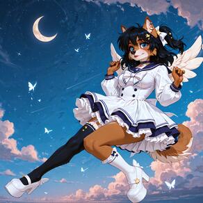 1girl animal_ears animal_nose artist:azziai artist_name asymmetrical_legwear black_hair black_thighhighs blue_choker blue_eyes blue_sailor_collar blue_sky body_fur bow bowtie breasts bug butterfly buttons character:jeanette(AzziAI) choker cloud crescent_moon dog_ears dog_tail dress frilled_dress frills full_body furry furry_female hair_bow hair_ornament hands_up high_heels kneehighs knees_together_feet_apart long_sleeves looking_at_viewer medium_breasts moon one_side_up outdoors platform_footwear sailor_collar shoes single_kneehigh single_sock single_thighhigh sky socks solo star_(sky) star_(symbol) star_choker starry_sky tail thighhighs tongue tongue_out uneven_legwear watermark white_bow white_dress white_footwear wings // 4096x4096 // 1.4MB