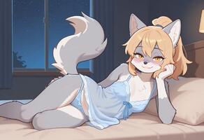 blonde_hair female golden_eyes lingerie ponytail silver_fur wolf // 1216x832 // 138KB