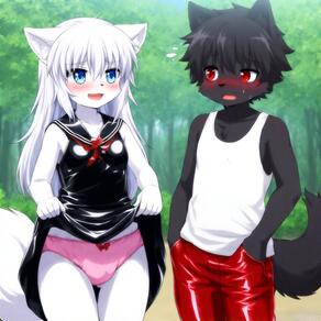 1boy 1girl animal_ears artist:furryfunparty black_dress black_hair blue_eyes blush bow_panties character:ash character:yuki clothes_lift dress dress_lift furry furry_female furry_male furry_with_furry lifted_by_self loli long_hair open_mouth outdoors panties pink_panties red_eyes shorts shota sleeveless tail underwear white_hair wolf_tail // 768x768 // 176KB