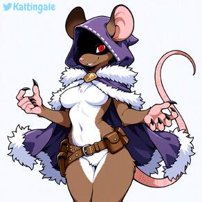 1girl animal_ears artist:kaltingale artist_name belt body_fur breasts brown_fur character:ksh'adri_(kaltingale) claws cloak cowboy_shot fur_trim furry furry_female hood hood_up hooded_cloak looking_at_viewer medium_breasts mouse_ears mouse_tail navel pouch red_eyes simple_background smile solo tail twitter_username white_background // 1536x1536 // 117KB
