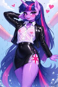 1girl animal_ears artist:furryfunparty black_jacket black_skirt blue_hair blush breasts character:twilight_sparke(mlpfim) choker colored_skin female flat_chest furry furry_female heart horns jacket leather long_hair looking_at_viewer multicolored_hair my_little_pony nipples pink_hair purple_eyes see-through see-through_shirt shirt single_horn skirt small_breasts solo streaked_hair tail tattoo very_long_hair wet wet_clothes // 512x768 // 150KB