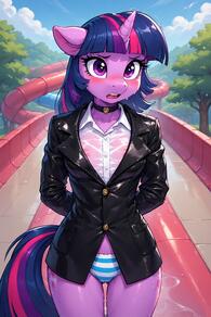 1girl animal_ears arms_behind_back artist:furryfunparty black_jacket blue_hair blush breasts character:twilight_sparke(mlpfim) choker collared_shirt colored_skin female flat_chest furry furry_female horns horse_ears horse_girl horse_tail jacket leather multicolored_hair my_little_pony nipples no_pants open_mouth outdoors panties pink_hair purple_eyes purple_skin see-through shirt single_horn small_breasts solo streaked_hair striped_clothes striped_panties tail underwear wet wet_clothes white_shirt // 512x768 // 156KB