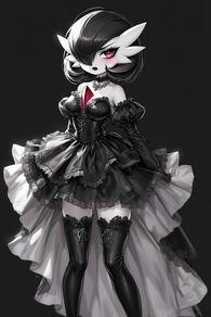 1girl alternate_color artist:furryfunparty artist_name bare_shoulders black_background black_dress black_hair black_thighhighs blush bob_cut breasts character:gardevoir choker colored_skin detached_sleeves dress female frilled_dress frills goth hair_over_one_eye juliet_sleeves lace_trim long_sleeves looking_at_viewer medium_breasts one_eye_covered open_mouth pokemon pokemon_(creature) puffy_sleeves red_eyes short_hair simple_background solo standing strapless strapless_dress thighhighs white_skin zettai_ryouiki // 512x768 // 116KB