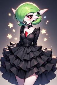 1girl artist:furryfunparty black_choker black_dress black_lips blush breasts character:gardevoir choker collarbone colored_skin dress female frilled_dress frills goth goth_fashion green_hair hair_ornament hair_over_one_eye looking_at_viewer makeup medium_breasts pokemon pokemon_(creature) red_eyes short_hair solo star_(symbol) white_skin // 512x768 // 127KB