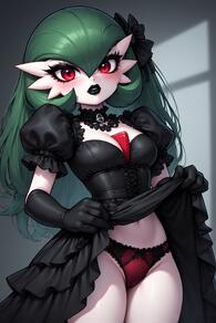 1girl artist:furryfunparty black_bow black_dress black_gloves black_lips blush bow bow_panties breasts character:gardevoir clothes_lift colored_skin cowboy_shot dress dress_lift eyeshadow female frills gloves goth gothic_lolita green_hair groin hair_between_eyes hair_bow lifted_by_self long_hair looking_at_viewer makeup medium_breasts navel panties pokemon pokemon_(creature) puffy_short_sleeves puffy_sleeves red_eyes red_panties short_sleeves solo underwear white_skin // 512x768 // 116KB