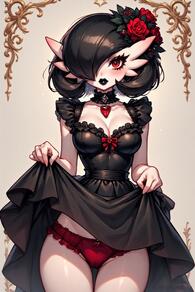1girl artist:furryfunparty ass_visible_through_thighs black_dress black_hair black_lips blush bob_cut bow bow_panties breasts character:gardevoir cleavage clothes_lift collarbone colored_skin cowboy_shot dress dress_lift female flower frilled_panties frills goth hair_flower hair_ornament hair_over_one_eye jewelry lifted_by_self looking_at_viewer makeup medium_breasts panties pokemon pokemon_(creature) red_eyes red_flower red_panties red_rose rose short_hair solo thigh_gap underwear white_skin // 512x768 // 143KB