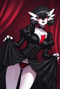 1girl anger_vein artist:furryfunparty ass_visible_through_thighs black_choker black_dress black_hair blush bob_cut breasts character:gardevoir choker clothes_lift collarbone colored_skin curtains dress dress_lift dutch_angle fangs female frills goth hair_between_eyes juliet_sleeves lace lifted_by_self long_sleeves looking_at_viewer medium_breasts open_mouth panties pokemon pokemon_(creature) puffy_sleeves red_background red_eyes red_panties short_hair solo standing teeth thighs underwear white_skin // 512x768 // 136KB