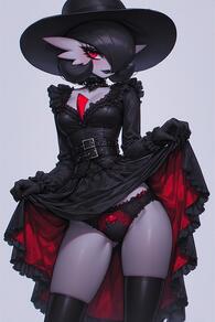 1girl alternate_color artist:furryfunparty ass_visible_through_thighs belt black_belt black_choker black_dress black_gloves black_hair black_headwear black_lips black_panties black_thighhighs blush bow bow_panties breasts character:gardevoir clothes_lift colored_skin dress dress_lift female frilled_dress frills gloves goth hair_over_one_eye hat lace lace_panties lace_trim lifted_by_self long_sleeves looking_at_viewer medium_breasts panties pokemon pokemon_(creature) red_eyes short_hair simple_background skindentation solo thighhighs two-sided_fabric underwear white_skin // 512x768 // 108KB