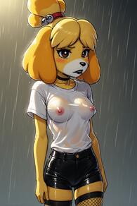 1girl animal_ears animal_nose artist:furryfunparty bell black_choker black_shorts blonde_hair blush breasts brown_eyes character:isabelle(animal_crossing) choker collarbone covered_nipples dog_ears dog_girl female fishnet_thighhighs fishnets furry furry_female hair_bell hair_ornament jingle_bell medium_breasts nipples no_bra rain see-through see-through_shirt shirt short_shorts short_sleeves shorts solo thighhighs topknot wet wet_clothes wet_shirt white_shirt // 512x768 // 116KB