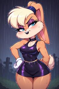 1girl animal_ears artist:furryfunparty blue_eyes breasts character:lola_bunny eyeshadow female furry furry_female gloves goth hand_on_own_hip leather makeup rabbit_ears rabbit_girl rabbit_tail rain skirt solo tail wet white_gloves // 512x768 // 132KB