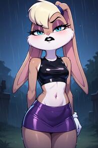 1girl animal_ears artist:furryfunparty blue_eyes blush breasts character:lola_bunny crop_top female furry furry_female gloves goth leather looking_at_viewer makeup midriff miniskirt navel outdoors rabbit_ears rabbit_girl rain skirt solo wet white_gloves // 512x768 // 111KB