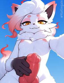 1girl animal_ears animal_penis artist:kaltingale artist_name blue_background body_fur breasts completely_nude cowboy_shot dog_penis erection fox_ears fox_girl fox_tail from_below furry furry_female futanari gradient_background grin knotted_penis looking_at_viewer looking_down multicolored_hair nipples nude penis precum red_hair small_breasts smile solo tail testicles uncensored white_fur white_hair yellow_eyes // 1344x1728 // 90KB