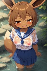 1girl :3 animal_ears artist:furryfunparty blue_sailor_collar blue_skirt blush breasts brown_eyes brown_fur brown_hair female furry furry_female looking_at_viewer medium_breasts neckerchief nipples open_mouth outdoors pleated_skirt pokemon sailor_collar school_uniform see-through serafuku shirt short_hair short_sleeves skirt smile solo tail wading water wet wet_clothes wet_shirt white_shirt // 512x768 // 150KB