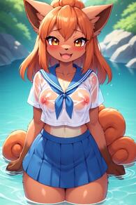 1girl animal_ears artist:furryfunparty blue_skirt blush breasts brown_fur female fox_ears fox_tail furry furry_female looking_at_viewer medium_breasts multiple_tails navel nipples open_mouth outdoors pleated_skirt pokemon school_uniform see-through serafuku skirt smile solo tail water wet wet_clothes // 512x768 // 138KB
