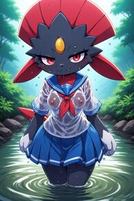 1girl artist:furryfunparty blue_sailor_collar blue_skirt blush breasts fang female forehead_jewel furry furry_female looking_at_viewer neckerchief nipples outdoors pleated_skirt pokemon pokemon_(creature) red_eyes red_neckerchief sailor_collar school_uniform see-through serafuku shirt skirt smile solo tail wading water wet wet_clothes white_shirt // 512x768 // 158KB